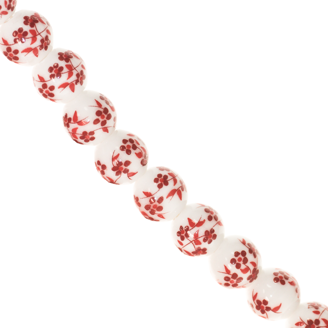 Porcelain Beads, Round, Floral, 10mm, White, Approx 22 pcs per strand, Available in Multiple Colours