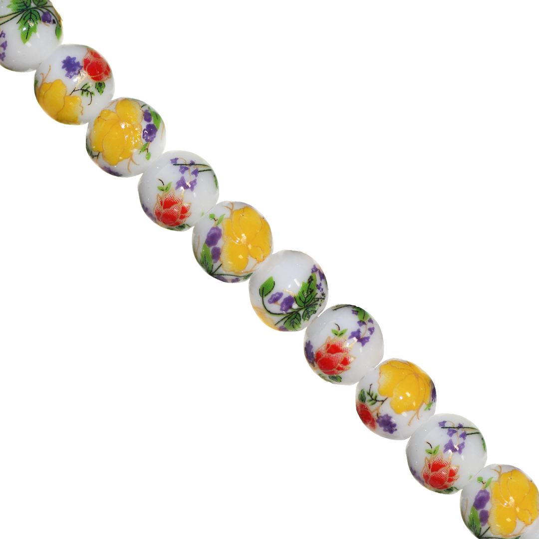 Porcelain Beads, Round, Floral, 10mm, White, Approx 22 pcs per strand, Available in Multiple Colours