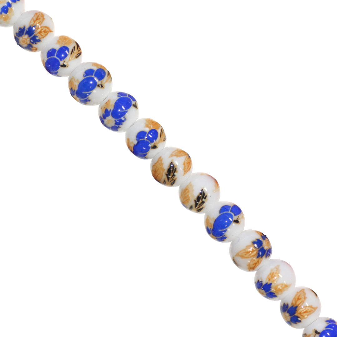 Porcelain Beads, Round, Floral, 8mm, White, Approx 30 pcs per strand, Available in Multiple Colours