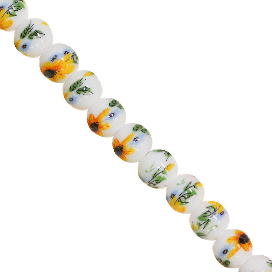 Porcelain Beads, Round, Floral, 8mm, White, Approx 30 pcs per strand, Available in Multiple Colours