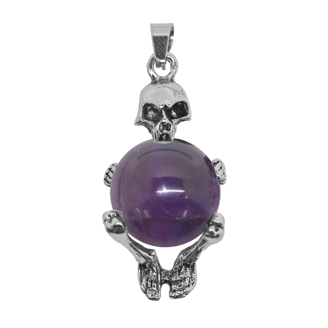Gemstone Pendant, Skeleton with Stone Sphere, Silver, Alloy, 40mm x 20mm, Available in Multiple Gemstones, 1 pc