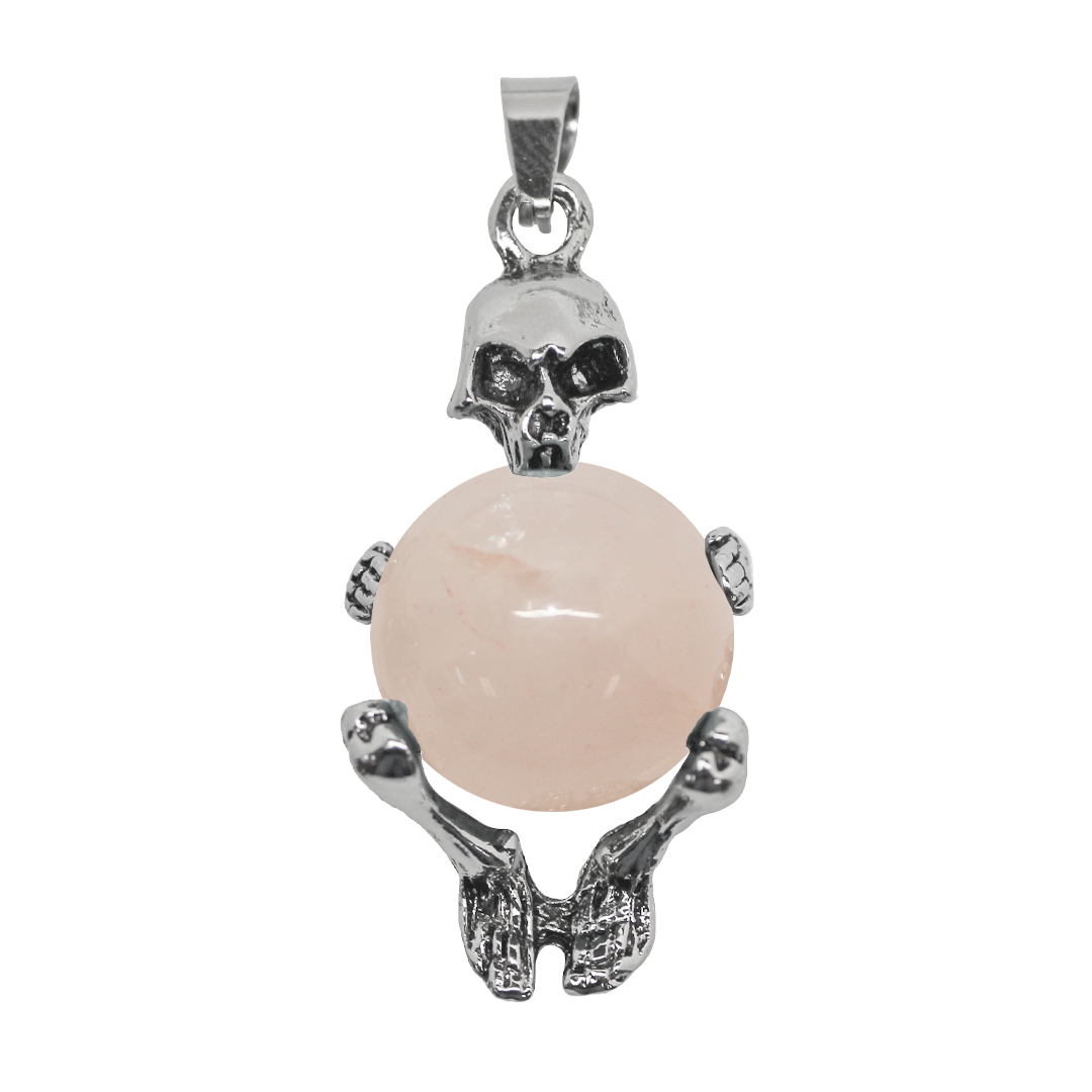 Gemstone Pendant, Skeleton with Stone Sphere, Silver, Alloy, 40mm x 20mm, Available in Multiple Gemstones, 1 pc