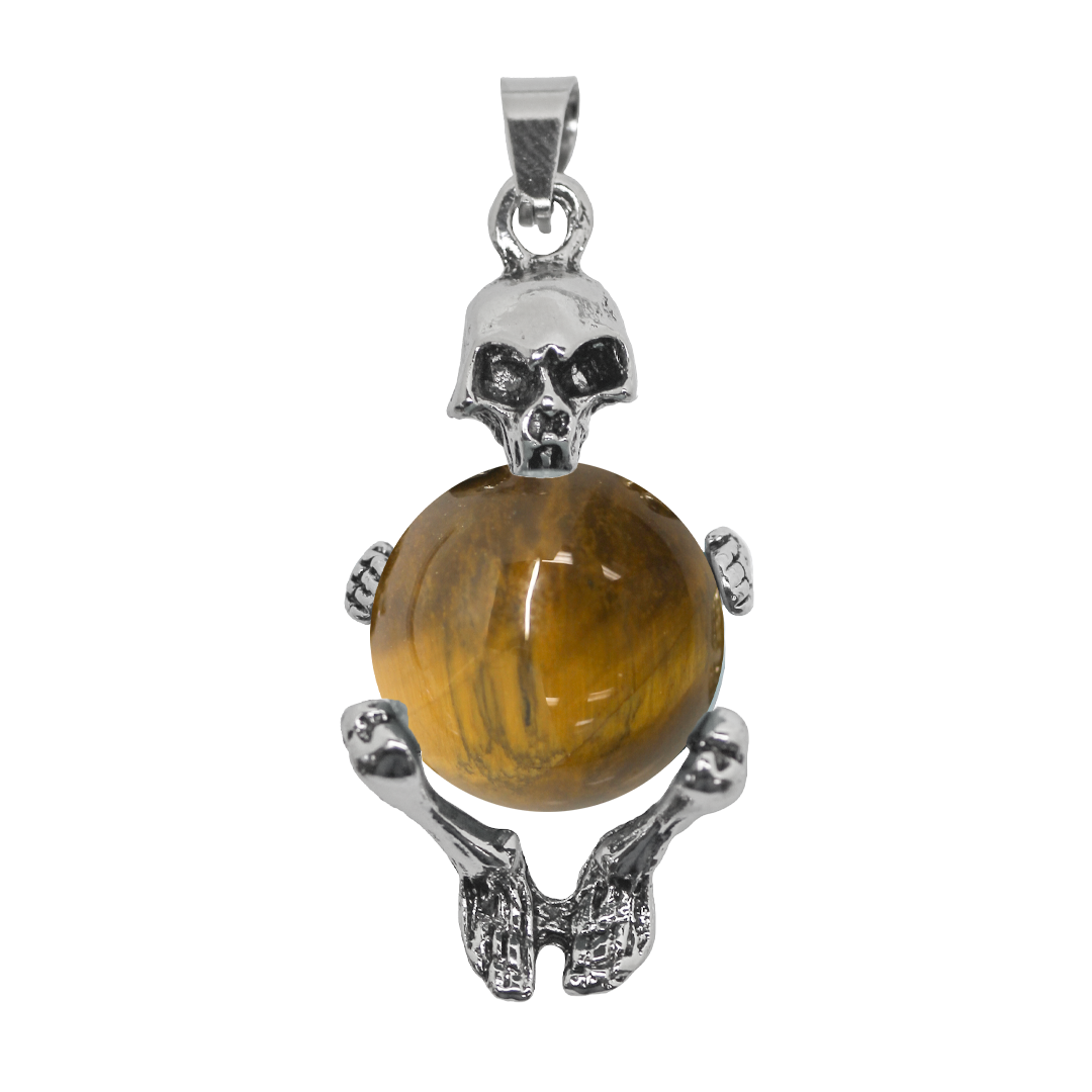 Gemstone Pendant, Skeleton with Stone Sphere, Silver, Alloy, 40mm x 20mm, Available in Multiple Gemstones, 1 pc