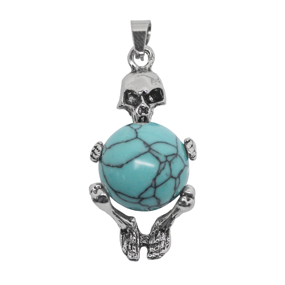 Gemstone Pendant, Skeleton with Stone Sphere, Silver, Alloy, 40mm x 20mm, Available in Multiple Gemstones, 1 pc