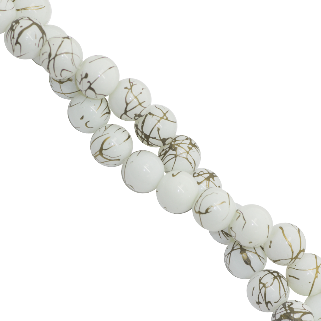 Marble Style Glass Beads, White Opaque, Splatter Gold Lines, 10mm, 1mm hole, Approx 80 pcs per strand