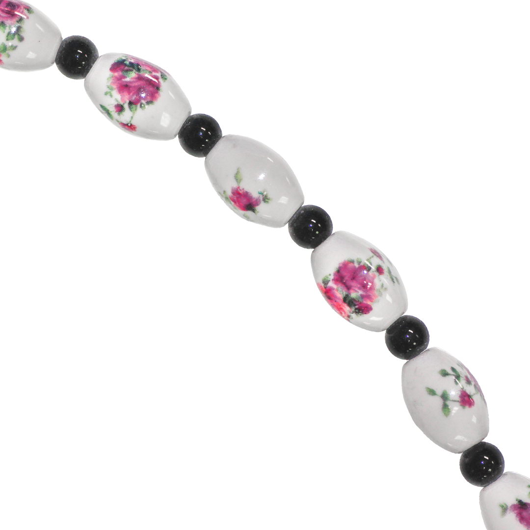 Porcelain Beads, Oval, Floral, 14mm x 9.5mm, White, Black Spacer, Approx 10 pcs per strand, Available in Multiple Colours