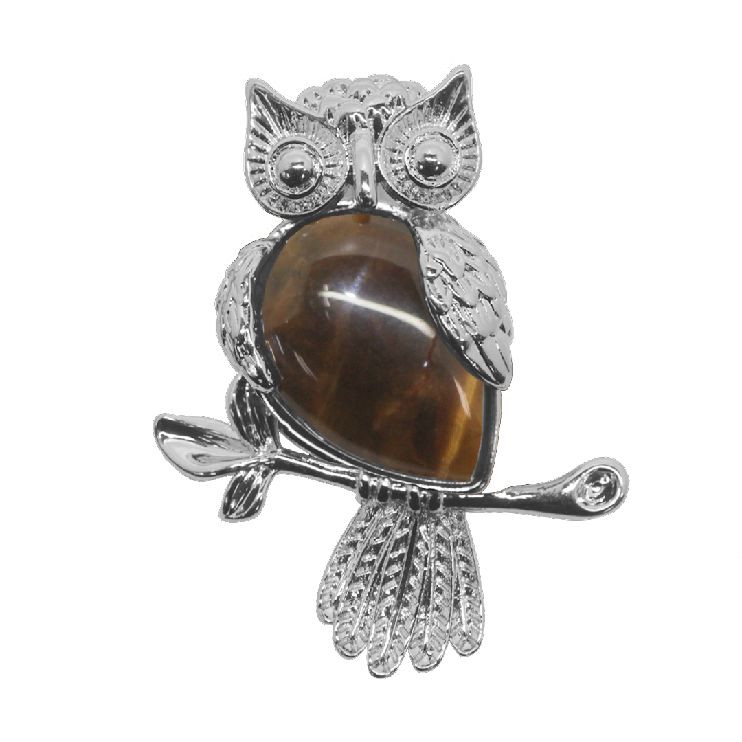 Gemstone Pendant, Owl, Silver, Alloy, 35mm x 25mm, Available in Multiple Gemstones, 1 pc