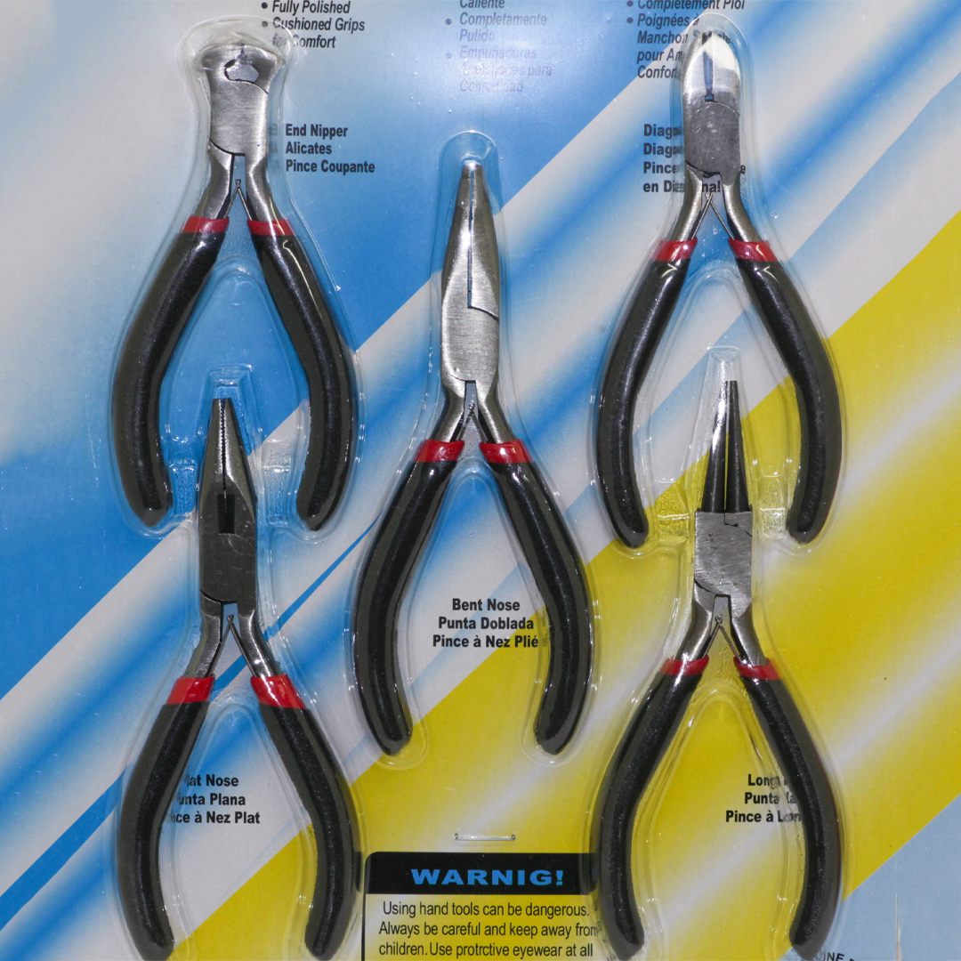 5 Piece Plier Set, End Nipper, Diagonal Cutter, Bent Nose Plier, Flat Nose Plier & Long Nose Plier