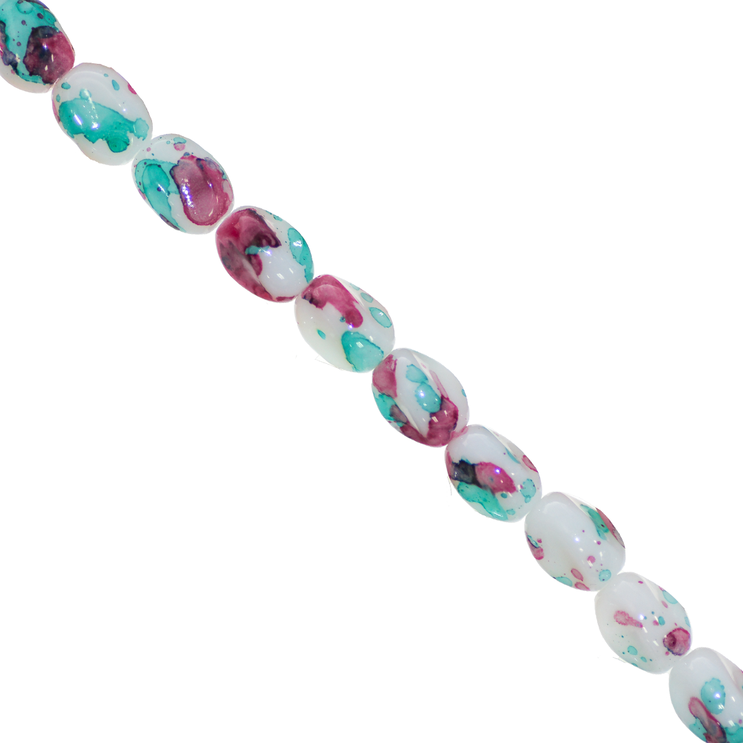 Glass Beads, Twisted Oval, Splatter Paint, 11mm x 8mm, Approx 65 pcs per strand, Available in Multiple Colours