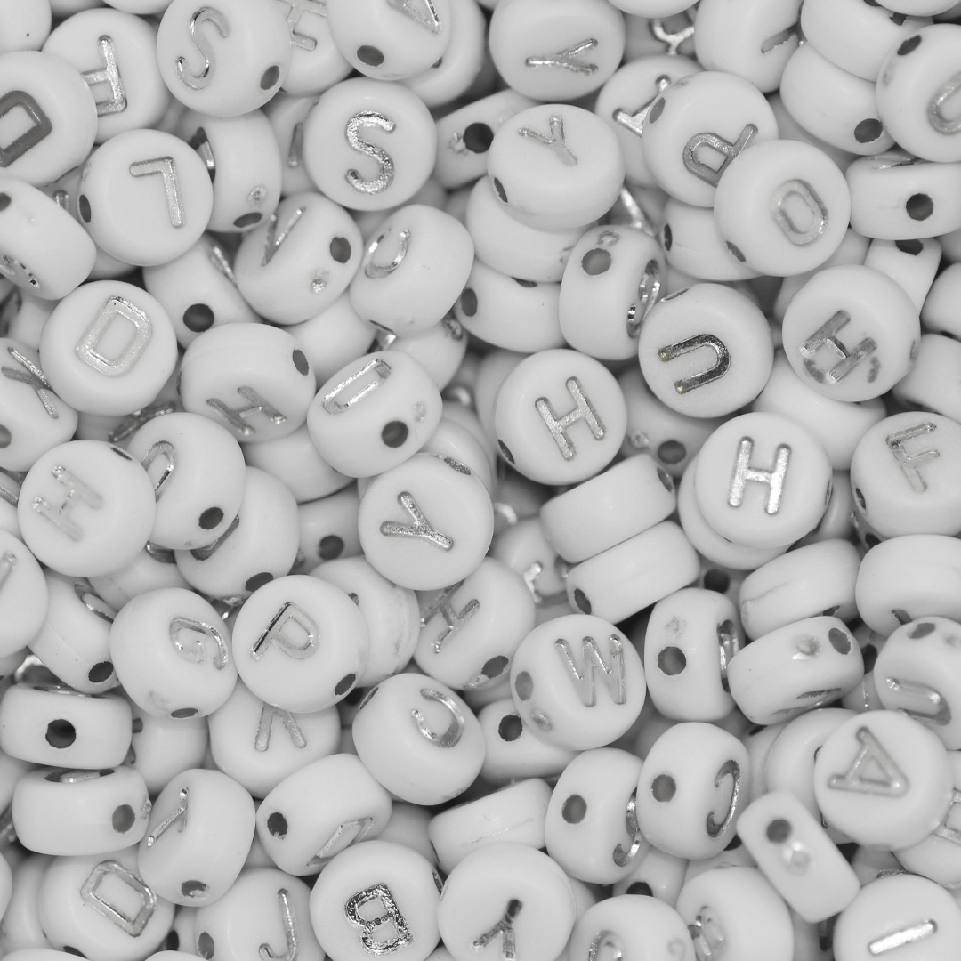 Plastic Beads Bulk Bag, White Beads with Silver Alphabet, Mixed Alphabet, Round, 7mm, Sold Per pkg of Approx 700