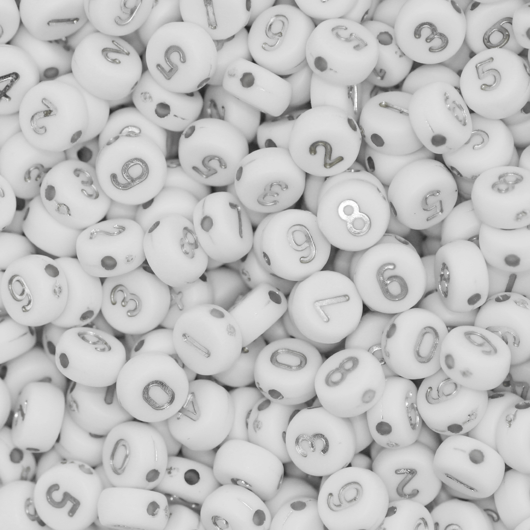 Plastic Beads Bulk Bag, White Beads with Silver Numbers, Mixed Number, Round, 7mm, Sold Per pkg of Approx 700
