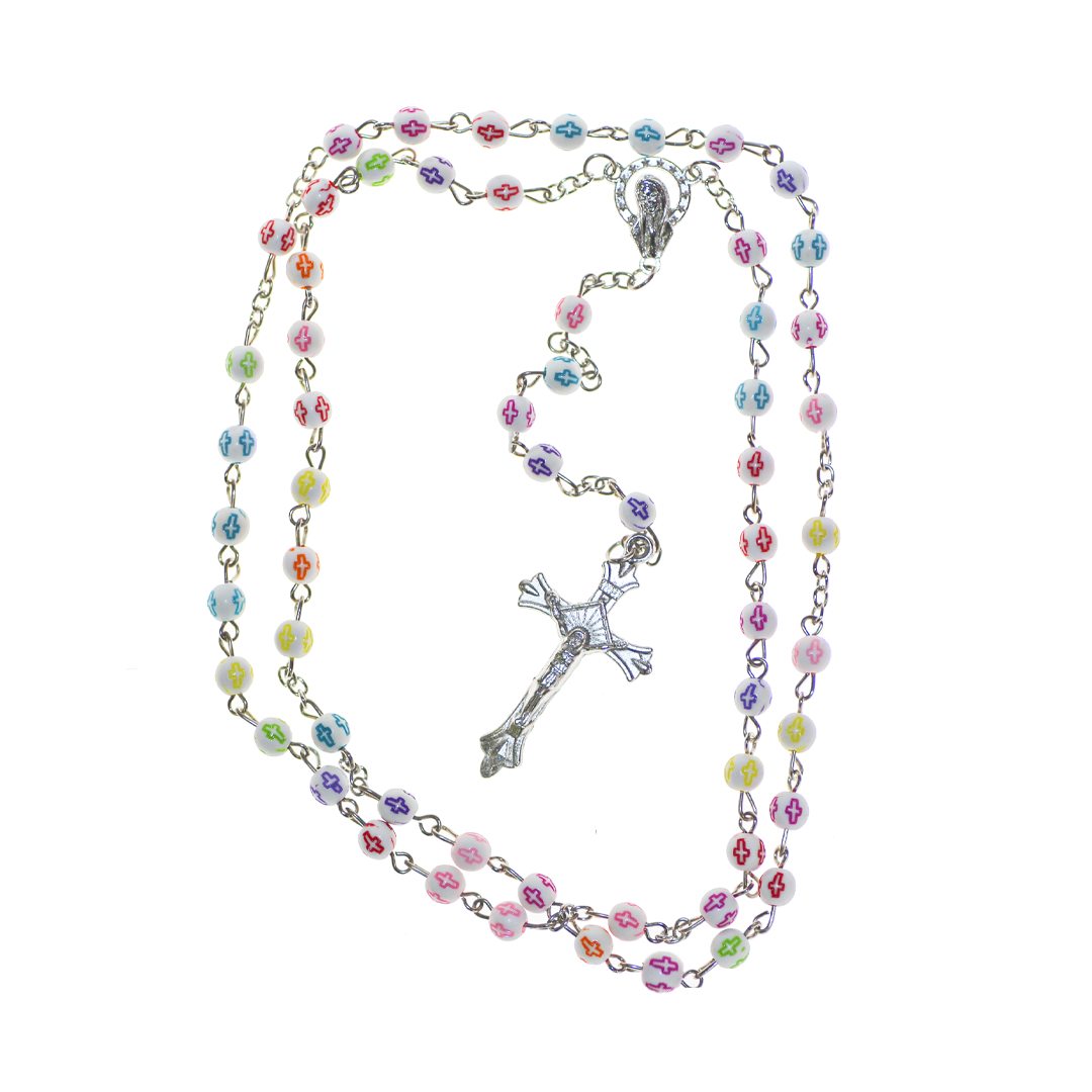 Rosary Necklace, Silver, Alloy, 6mm Round with Cross Beads, 14&quot; with 6&quot; extension - 1 pc