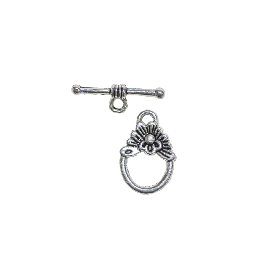 Clasp, Flower Toggle Clasp, Silver, Alloy, 18mm x 12mm (Ring), 20mm x 6.5mm (Bar), Sold Per pkg of 6 sets