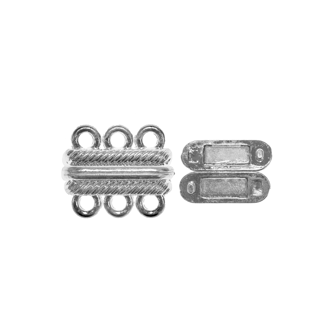 Clasp, Multi Strand Magnetic Clasp, 3 Holes, Bright Silver, Alloy, 20mm x 17mm, Sold Per pkg of 1