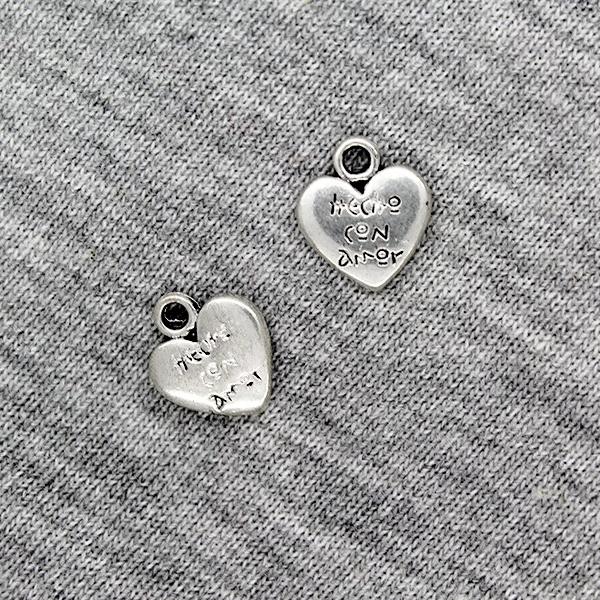 Charms, Heart w/ Writing, Silver, 14mm X 12mm, Sold Per pkg of 6