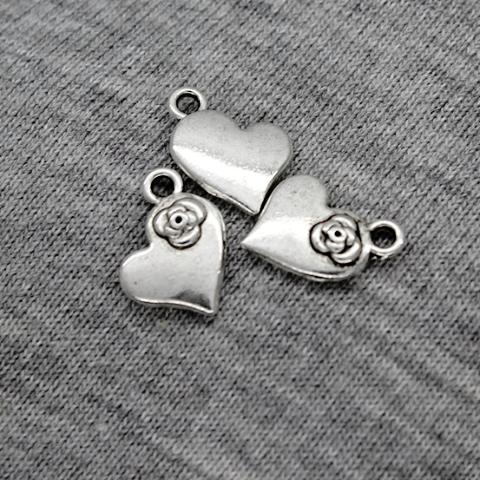 Charms, Heart with Rose, Silver, 14mm X 12mm X 3mm, Sold Per pkg of 6