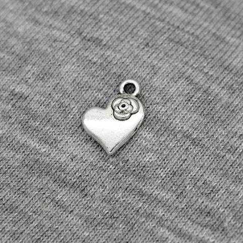 Charms, Heart with Rose, Silver, 14mm X 12mm X 3mm, Sold Per pkg of 6