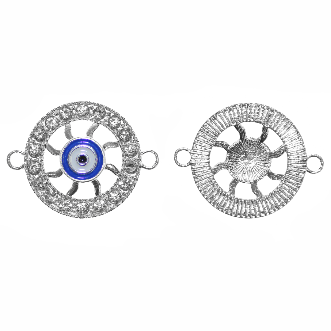 Connector, Rhinestone Round Evil Eye, Bright Silver, Alloy, 18mm x 23mm x 2.5mm, Sold Per pkg of 6