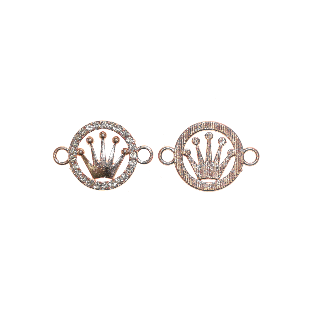 Connector, Rhinestone Round Crown, Rose Gold, Alloy, 16mm x 22.5mm, Sold Per pkg of 6