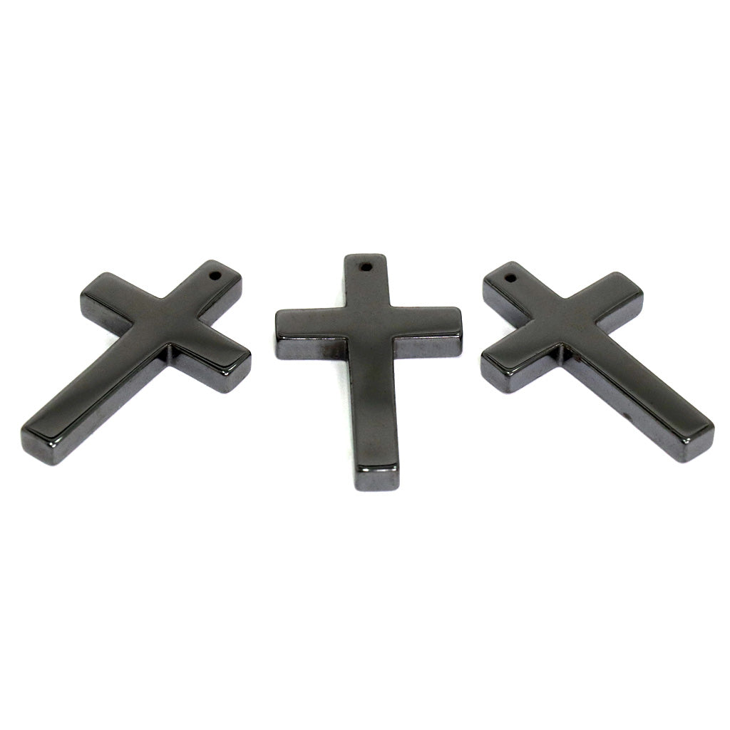 Hematite Large Cross Pendant, Semi-Precious Stone, 40mm x 28mm x 4mm, 2 pcs