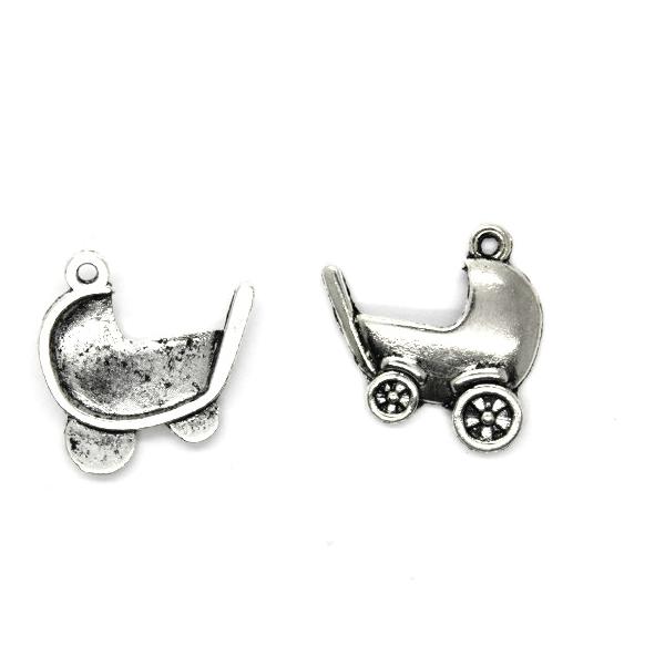 Charms, Plain Baby Carriage, Silver, Alloy, 21mm x 20mm, Sold Per pkg of 4