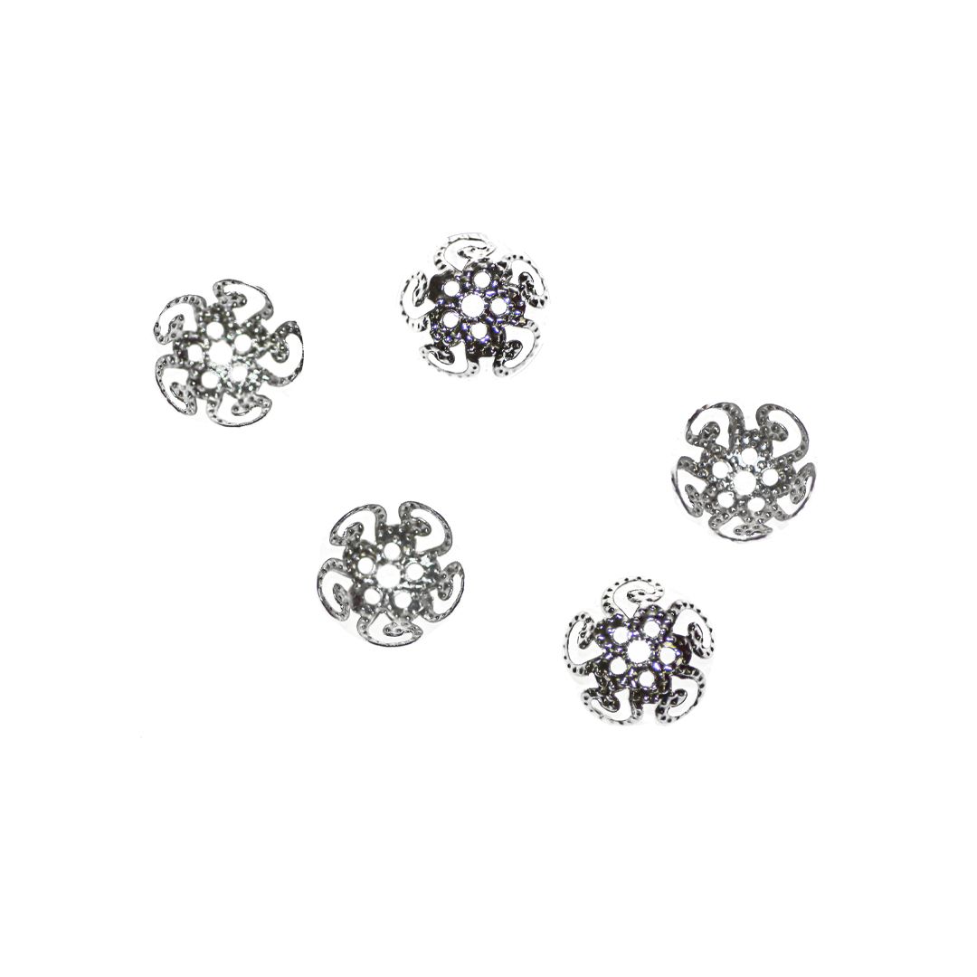 Bead Cap, Fancy Flower, Alloy, Bright Silver, 9.5mm x 4mm x 0.5mm, 70 pcs per bag