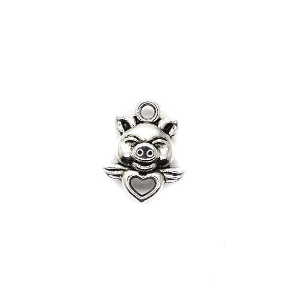 Charms, Flying Piggy with Heart, Silver, Alloy, 16mm X 13mm, Sold Per pkg of 5