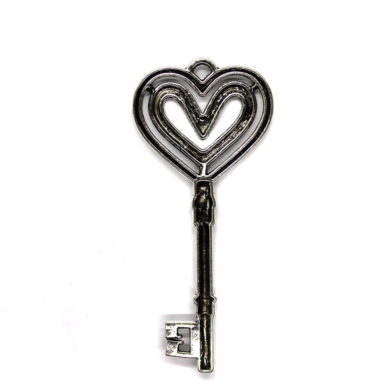 Pendants, Open Heart Key, Silver, Alloy, 69mm x 31mm, Sold Per pkg of 1