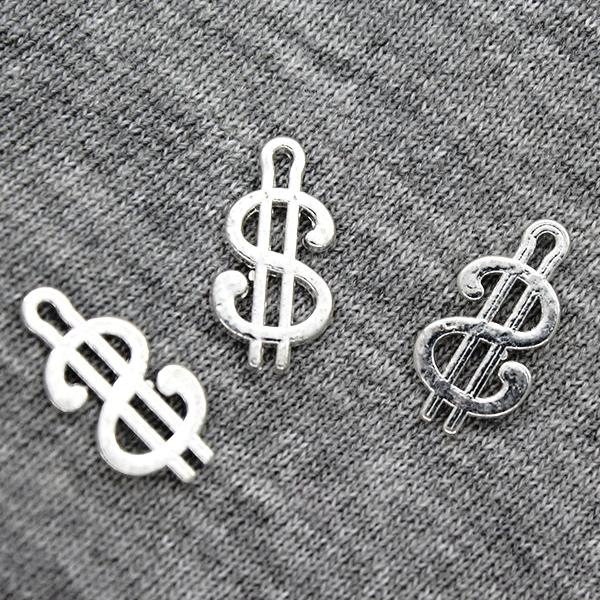 Charms, Dollar Sign, Silver, Alloy, 17mm X 9mm, Sold Per pkg of 6