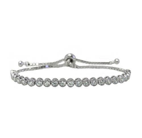 Adjustable Cubic Zirconia Stone Bracelet, Sterling Silver with Rhodium, Silicone Bead Stopper, 3mm - Butterfly Beads