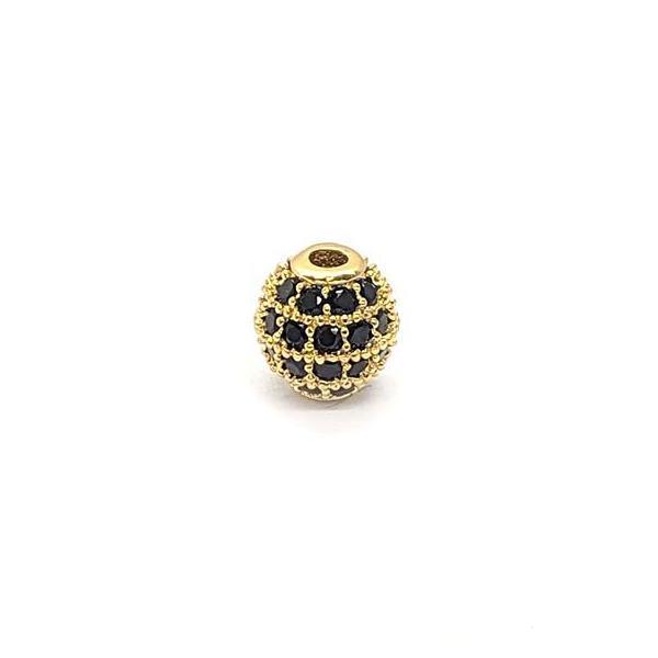 Micro Pave Round Spacer Bead , Black Cubic Zirconia, Gold-Plated, 10mm, 1pc