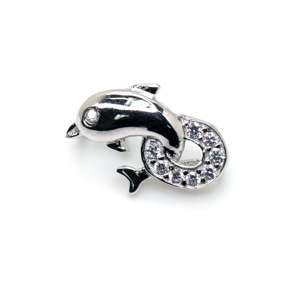 Bail, Dolphin with Cubic Zirconia, Sterling Silver, 16mm X 11mm - 1pc
