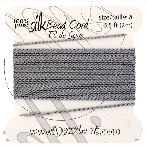 Silk Bead Thread with Needle - Size 8 - 2 meter - Grey