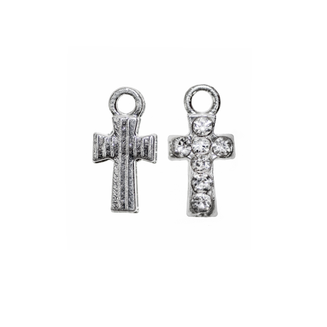 Charms, Rhinestone Cross, Bright Silver, Alloy, 13.5mm x 6.5mm, Sold Per pkg of 6
