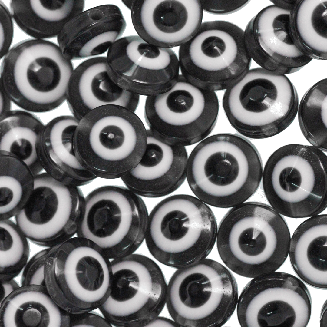 Plastic Beads Flat Black White Evil Eye 10mm 1mm hole 105