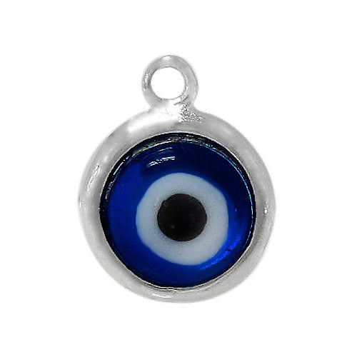 Charm, Evil Eye, Sterling Silver,  6.5mm Diameter x 2mm Thickness , Sold Per pkg of 1
