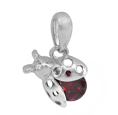Pendant, Ladybug with Red Cubic Zirconia, Sterling Silver with Rhodium, 8mm x 10mm, 1 pc