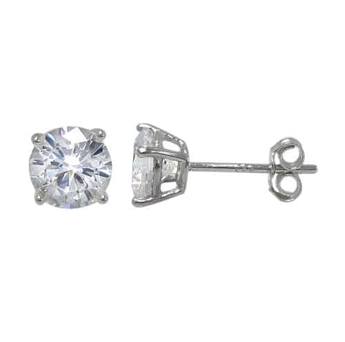 Earring, Classic Round Stud, Sterling Silver, Faceted Round Cubic Zirconia, Available in Multiple Sizes - 1 pair
