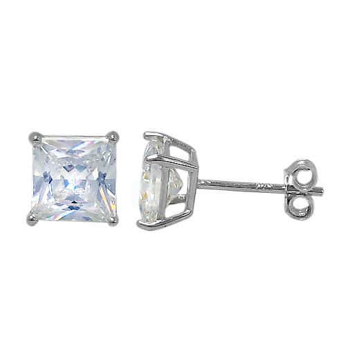 Earrings, Faceted Square Cubic Zirconia Studs, Sterling Silver with Rhodium, Available in Multiple Sizes, Sold per pkg of 1 pair