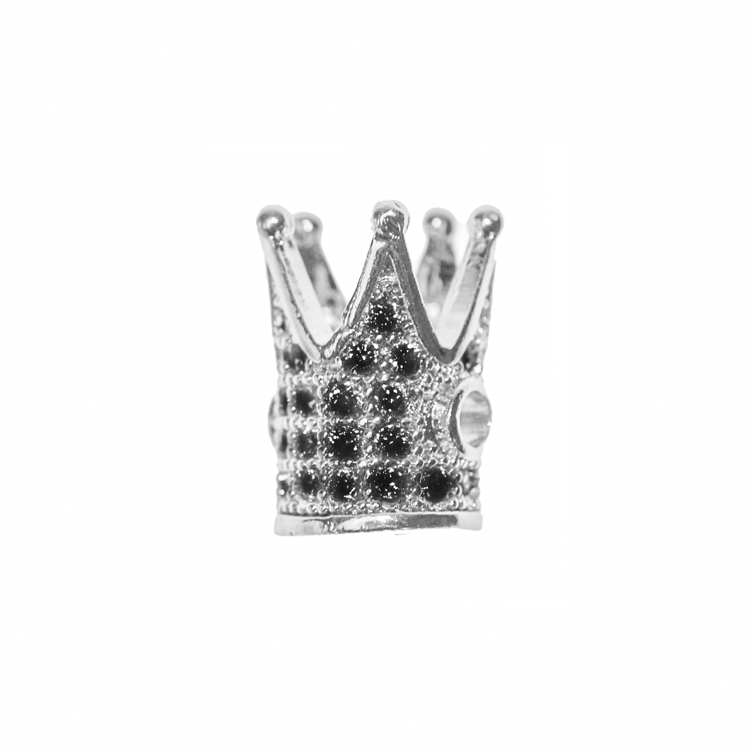 Crown Spacer Bead, Micro Pave, Black Cubic Zirconia, Silver-Plated, 12mm x 7mm, 1pc