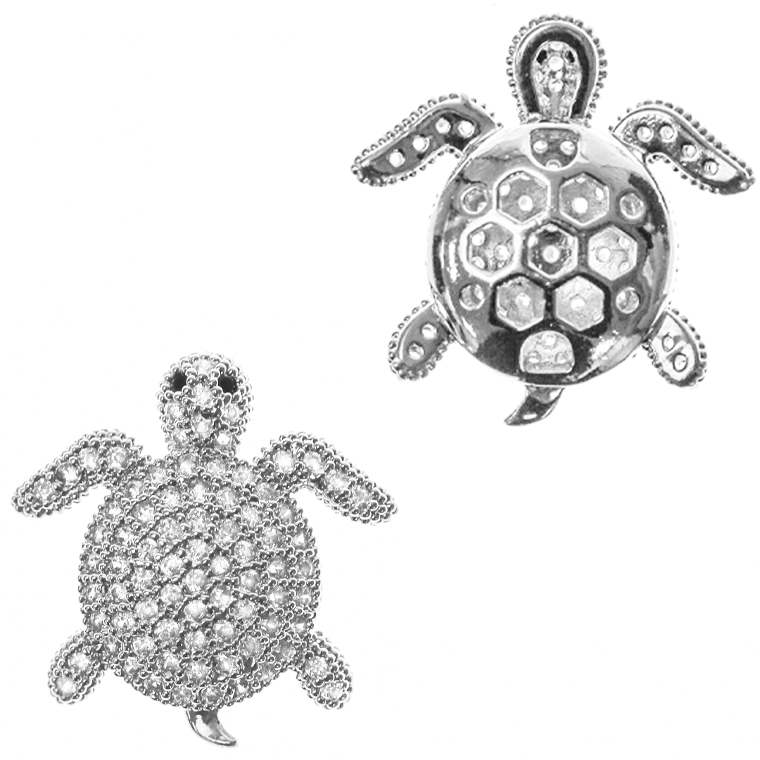 Bead, Micro Pave, Turtle, Silver-Plated, Cubic Zirconia, 20.5mm x 20mm, Sold Per pkg of 1