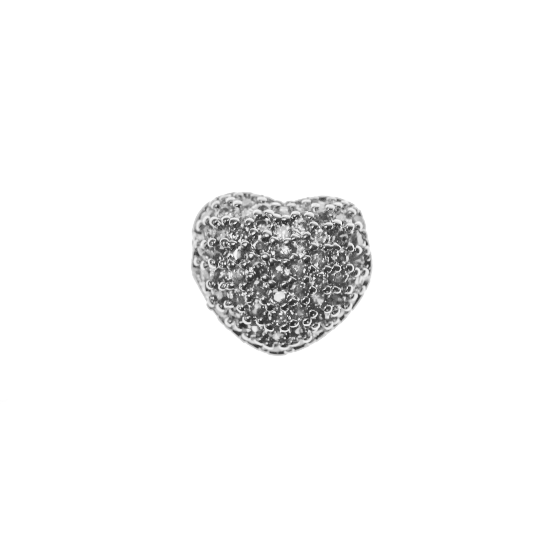 Bead, Micro Pave, Silver-Plated, Heart, Cubic Zirconia, 8mm x 9mm, Sold Per pkg of 1