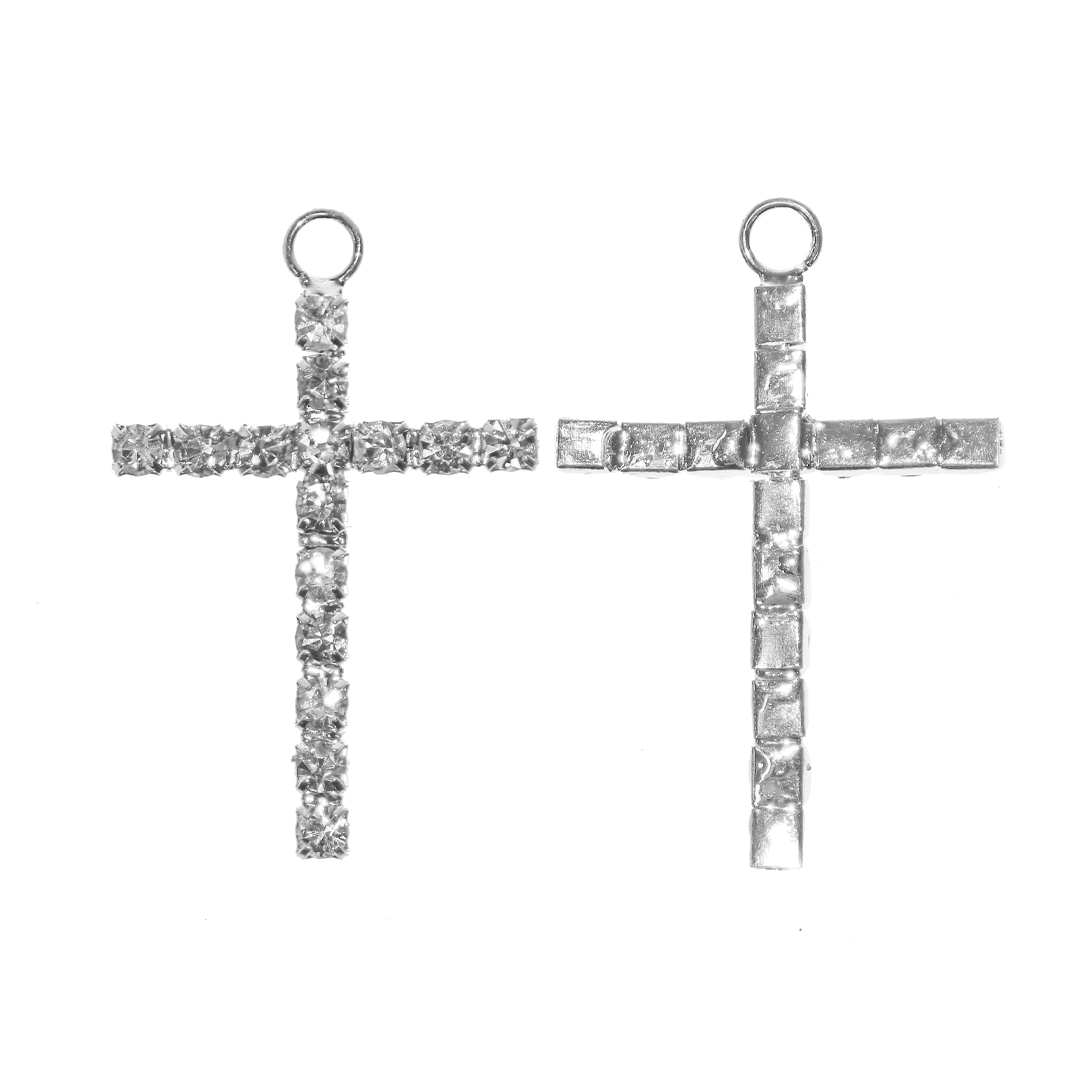 Pendant, Rhinestone, Cross, Bright Silver, Alloy, 34mm x 22mm, Sold Per pkg of 1