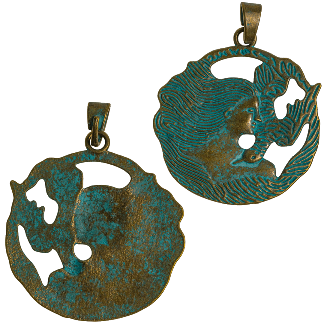 Pendants, Patina Pendant Lady & Bird, Turquoise, Alloy, 65mm x 60mm X 2mm, Sold Per pkg of 1