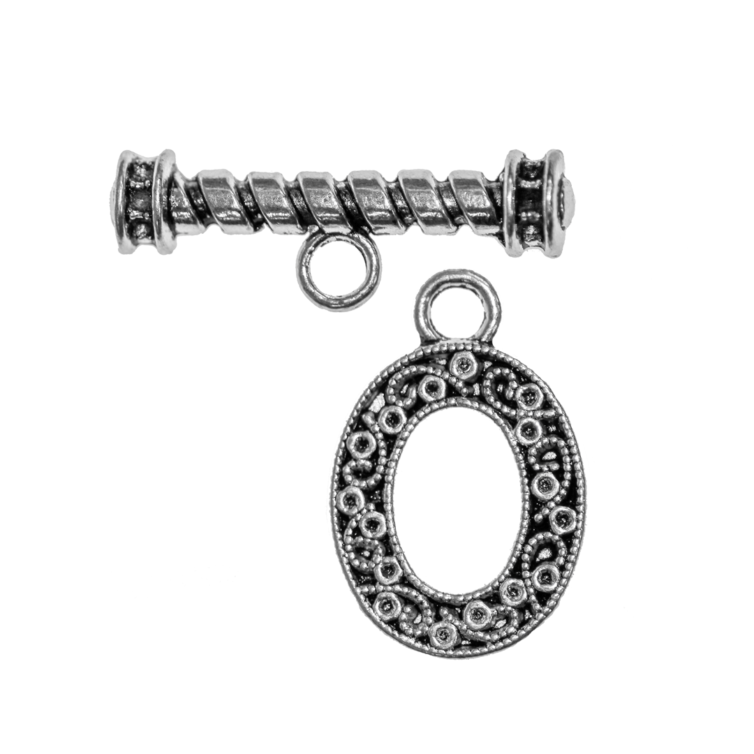 Clasp, Oval Toggle, Antique Silver, Alloy, 32.5mm x 21.2mm (Ring), 38mm x 11mm (Bar) - 3 pairs