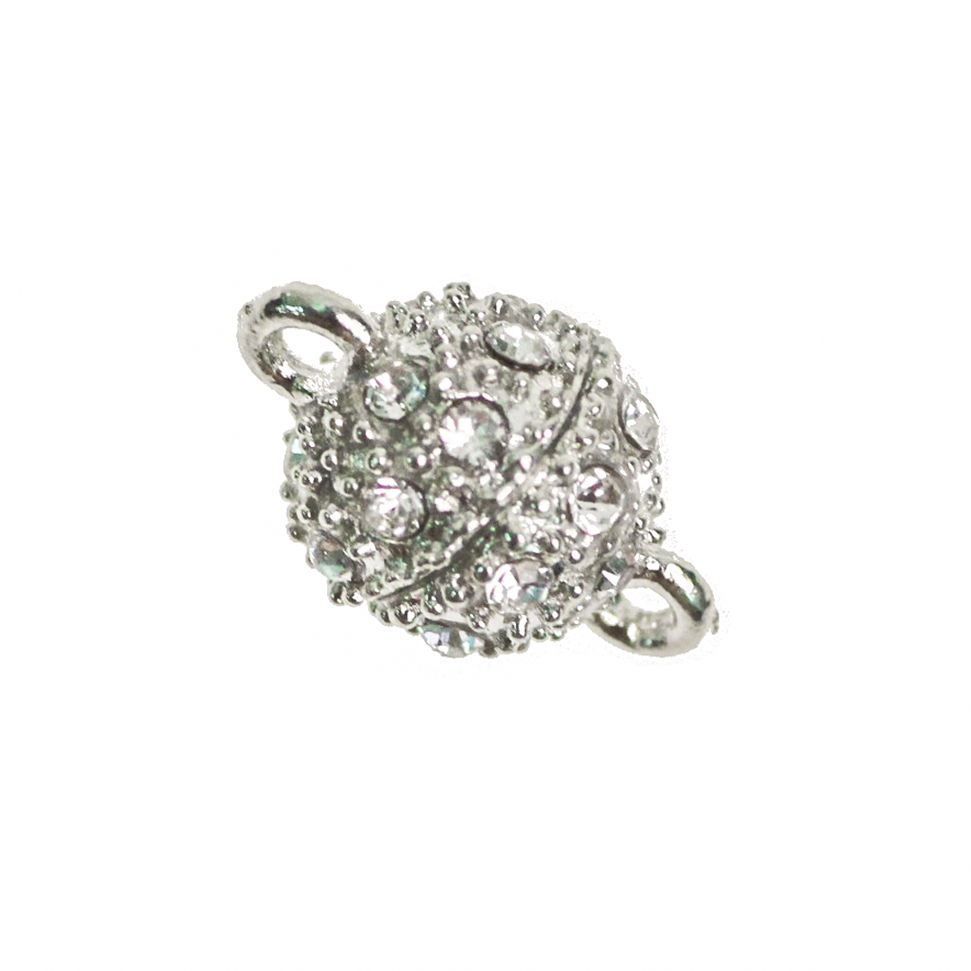 Clasp, Rhinestone Magnetic Sphere Clasp, 14mm x 9mm, Silver, Alloy, 1 pc per bag