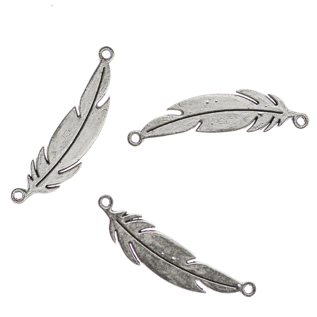 Connector, Feather, Bright Silver, Alloy, 28.5mm x 7mm, Sold Per pkg of 16