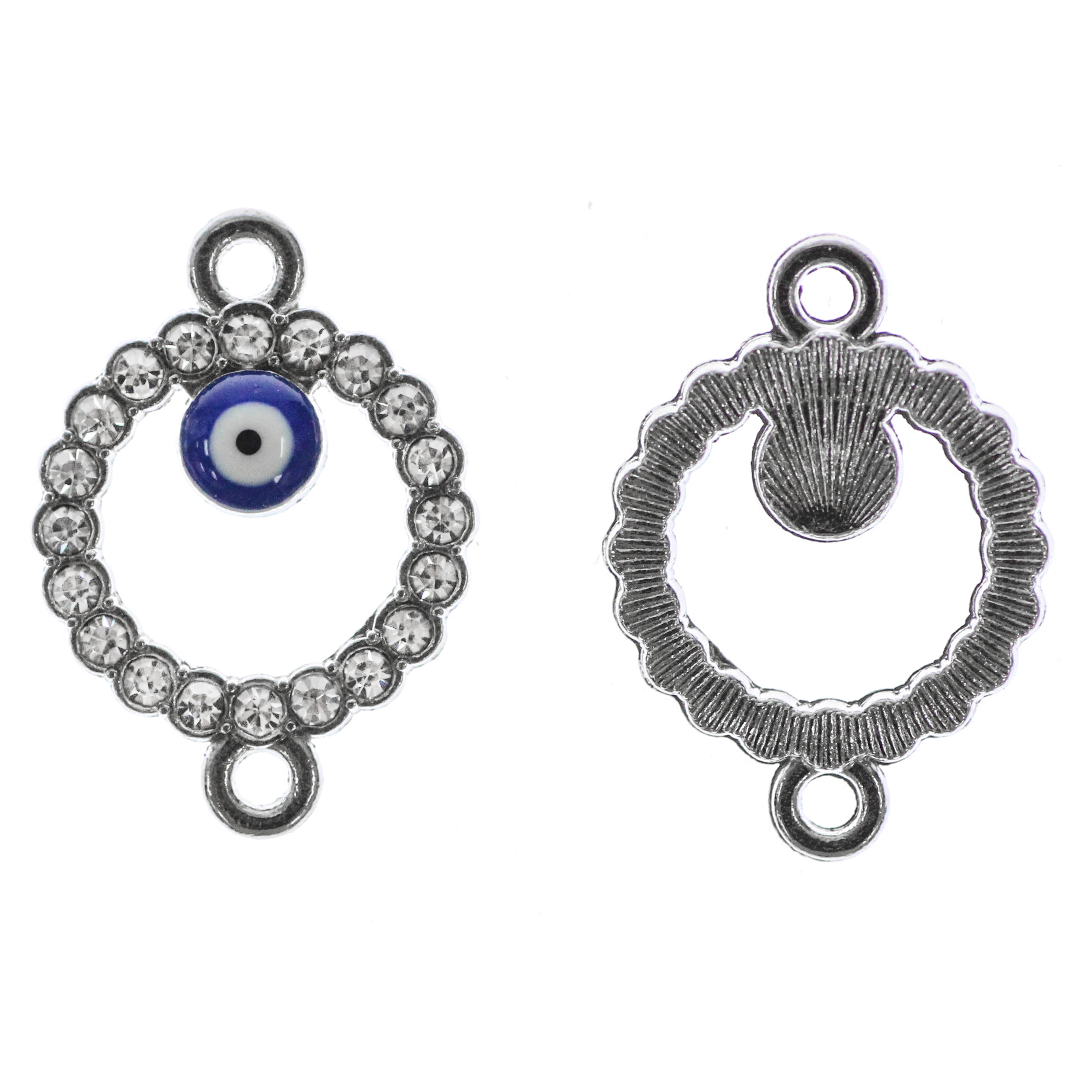 Connector, Round Evil Eye, Silver, Alloy, 17mm x 24mm x 3.5mm, Sold Per pkg of 6