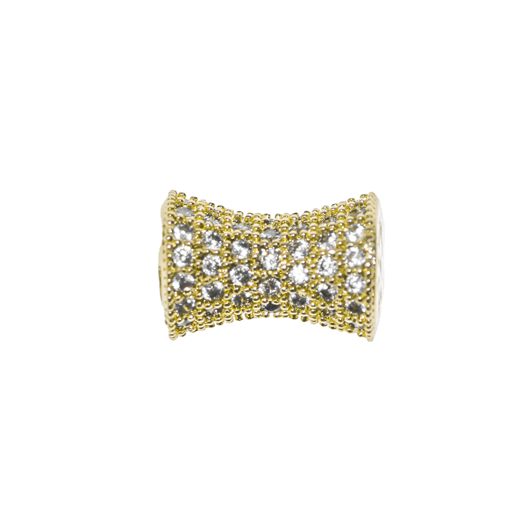Bead, Micro Pave, Gold-Plated, Waist Drum, Cubic Zirconia, 14mm x 9mm, Sold Per pkg of 1