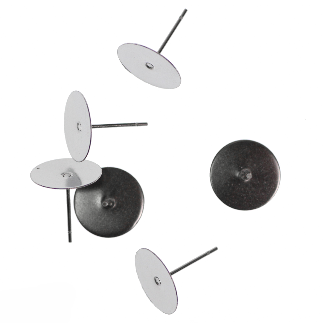 Earrings, Flat Glue on Studs, Silver, Stainless Steel, 12.5mm x 12mm x 0.7mm, Sold Per pkg of 10 pairs